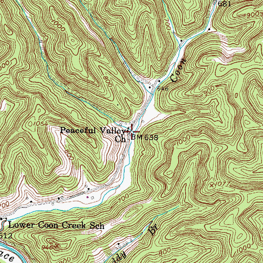 Topographic Map of Peaceful Valley Church, WV