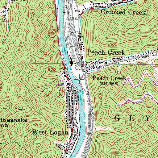 Topographic Map of Peach Creek, WV