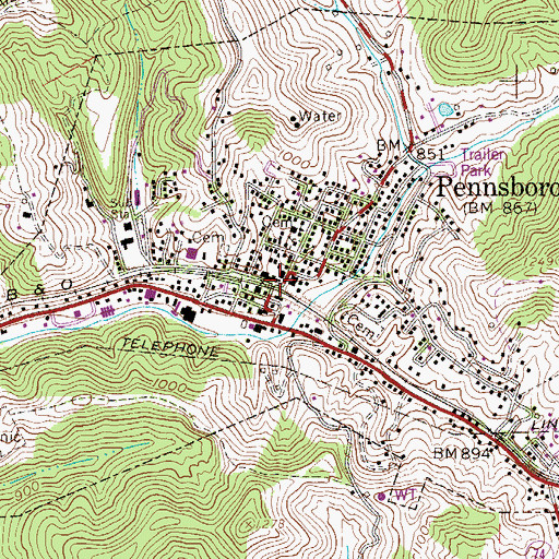 Topographic Map of Pennsboro, WV