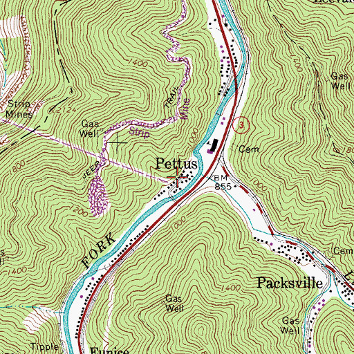 Topographic Map of Pettus, WV