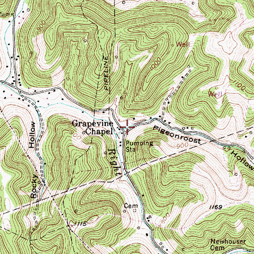 Topographic Map of Pigeonroost Hollow, WV