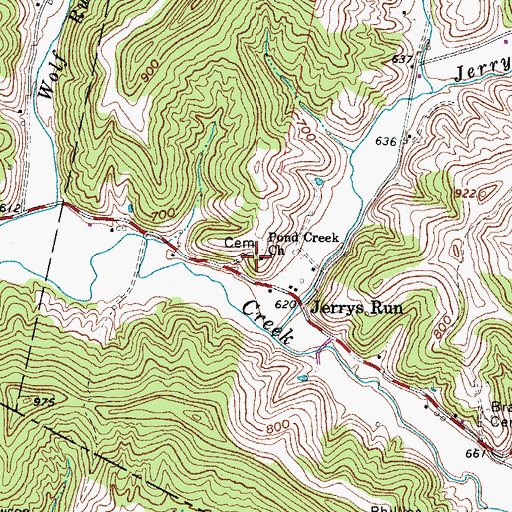 Topographic Map of Pond Creek Baptist Church, WV