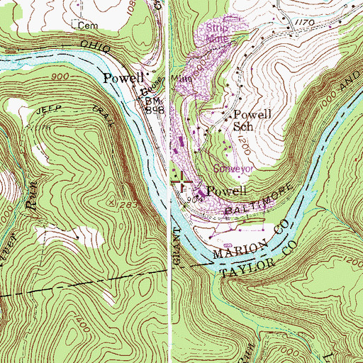 Topographic Map of Powell, WV