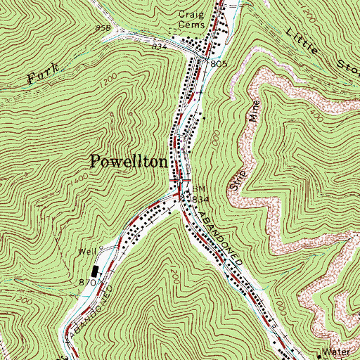 Topographic Map of Powellton Fork, WV