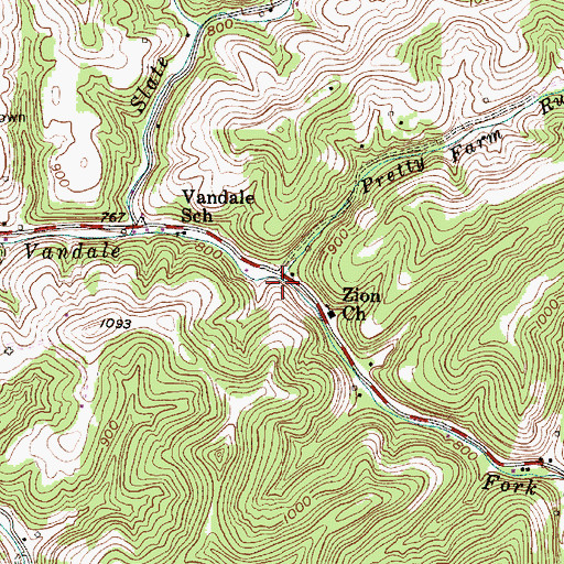 Topographic Map of Pretty Farm Run, WV