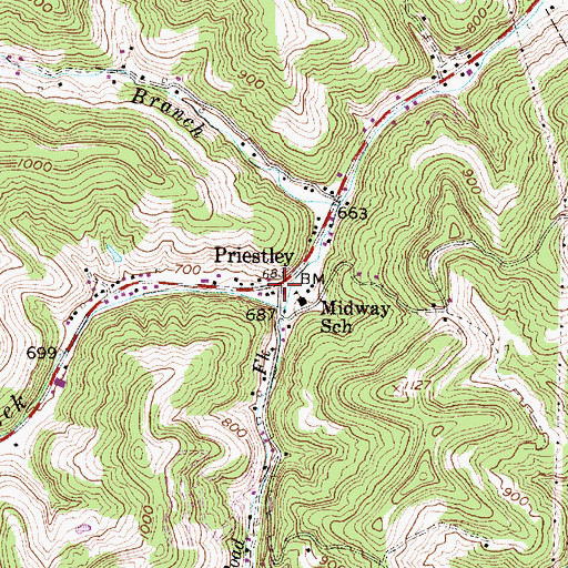 Topographic Map of Priestley, WV