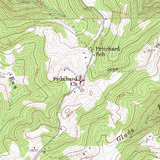 Topographic Map of Pritchard Church, WV