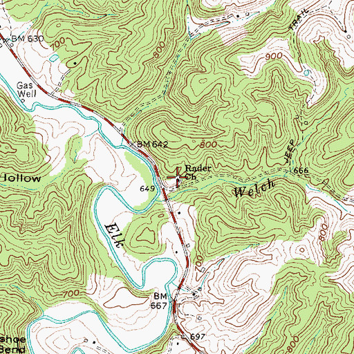Topographic Map of Rader Church, WV