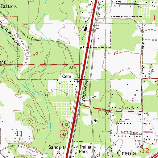 Topographic Map of Creola United Methodist Church, AL