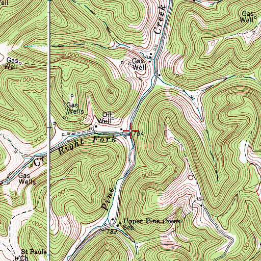 Topographic Map of Right Fork Pine Creek, WV