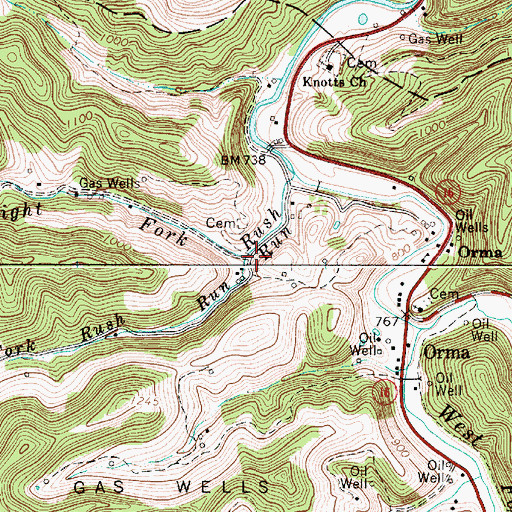 Topographic Map of Right Fork Rush Run, WV