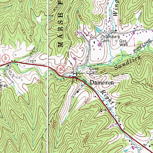 Topographic Map of Right Fork Sandlick Creek, WV