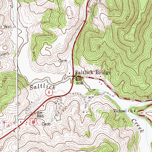 Topographic Map of Saltlick Bridge, WV
