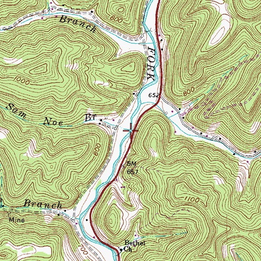 Topographic Map of Sam Noe Branch, WV