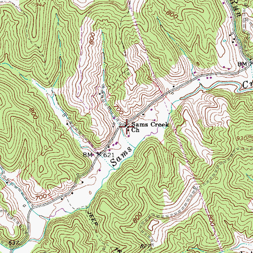 Topographic Map of Sams Creek Church, WV