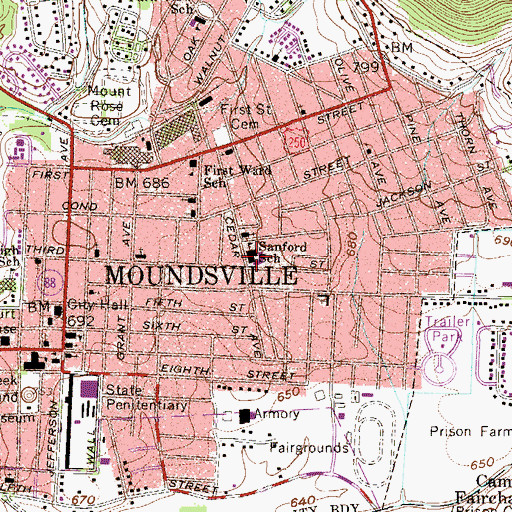 Topographic Map of Sanford Elementary School (historical), WV