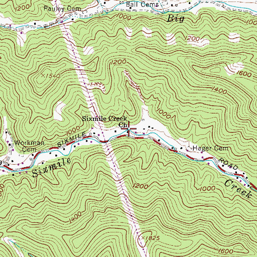 Topographic Map of Sixmile Creek Church, WV