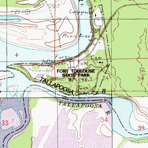 Topographic Map of Fort Toulouse State Park, AL