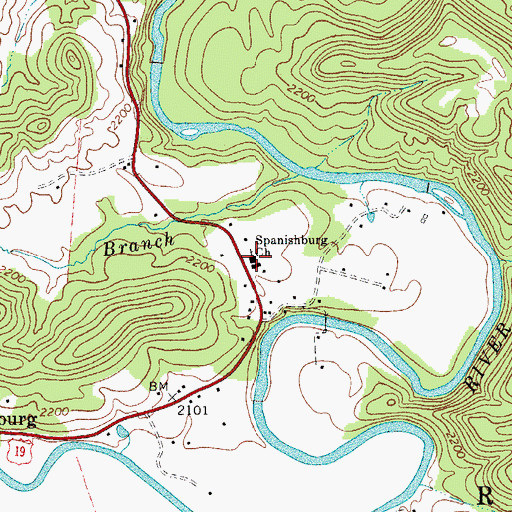Topographic Map of Spanishburg Church, WV