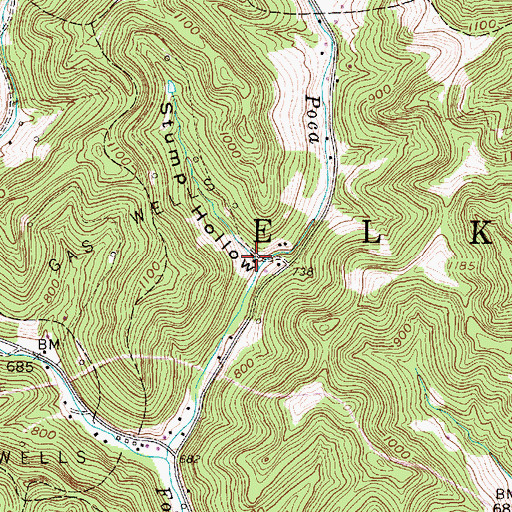 Topographic Map of Stump Hollow, WV