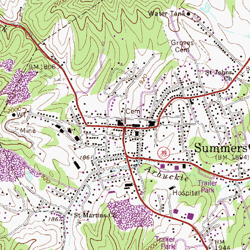 Topographic Map of Summersville, WV