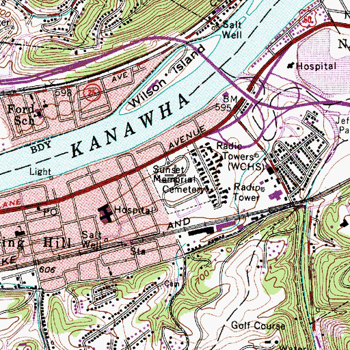 Topographic Map of Sunset Memorial Cemetery, WV