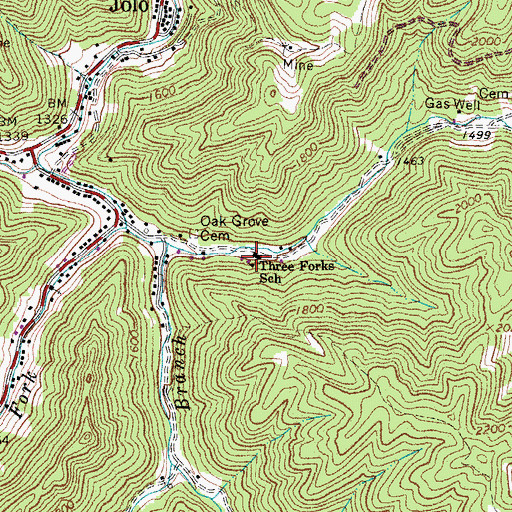 Topographic Map of Three Forks School (historical), WV