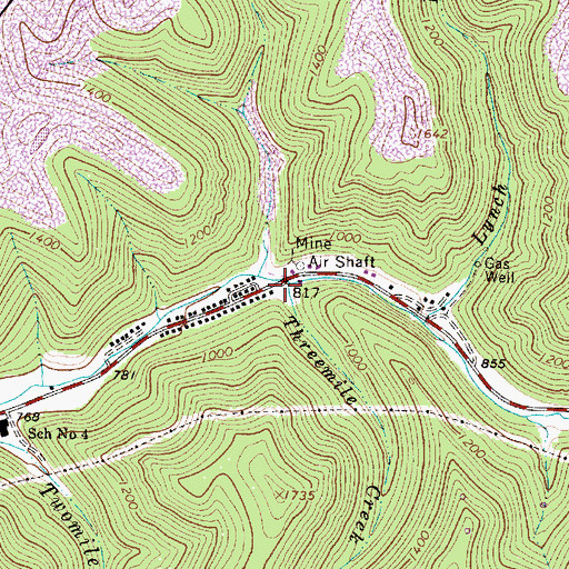 Topographic Map of Threemile Creek, WV
