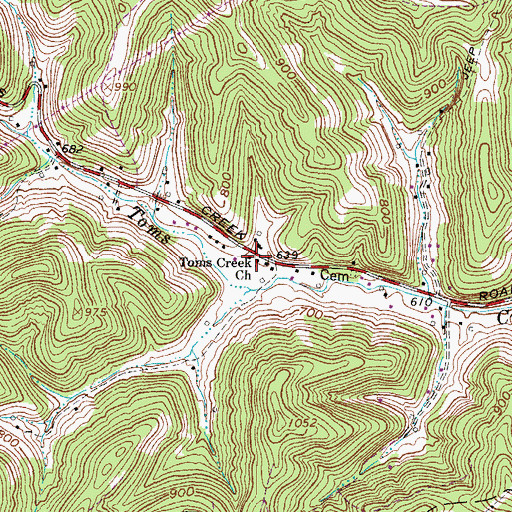 Topographic Map of Toms Creek Church, WV