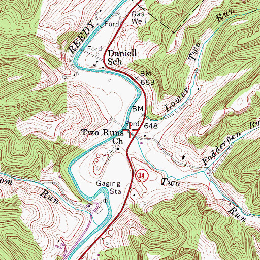 Topographic Map of Two Run, WV