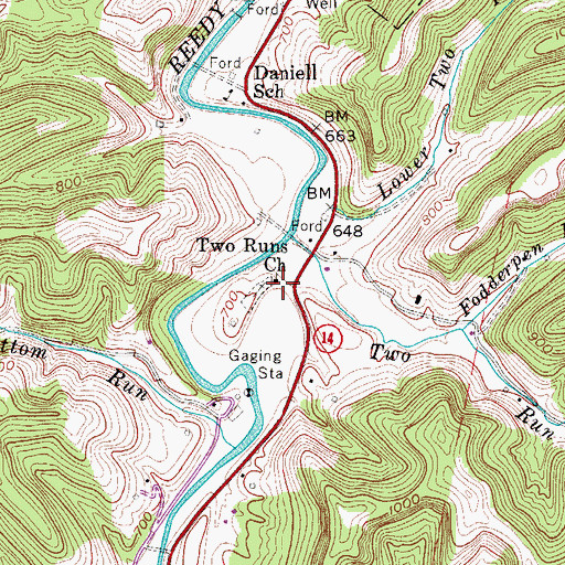 Topographic Map of Two Runs Church, WV