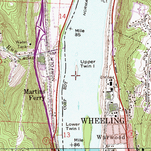 Topographic Map of Upper Twin Island, WV