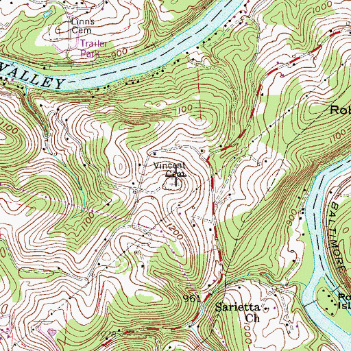 Topographic Map of Vincent Cemetery, WV