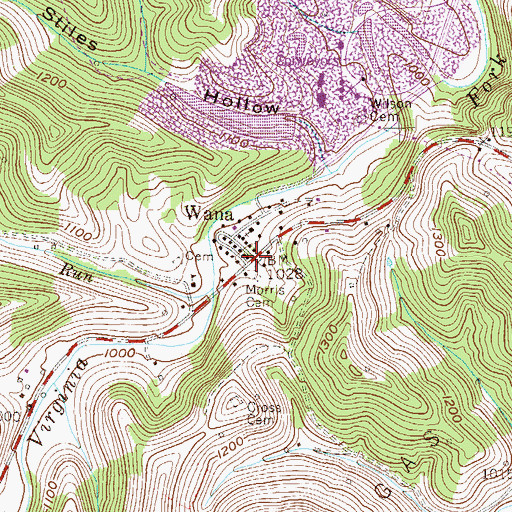 Topographic Map of Wana, WV