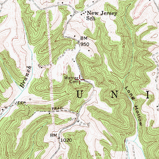 Topographic Map of Warner Cemetery, WV