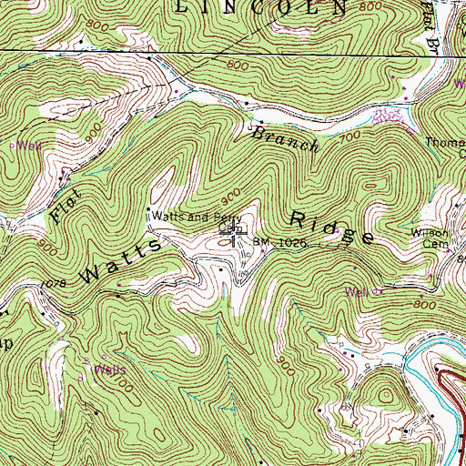 Topographic Map of Watts and Perry Cemetery, WV