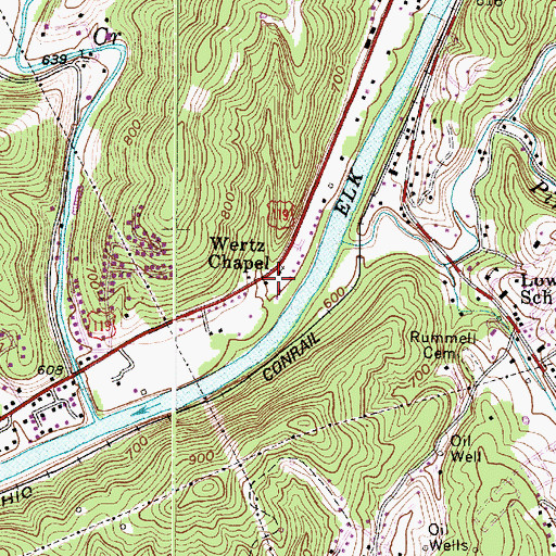 Topographic Map of Wertz Chapel, WV