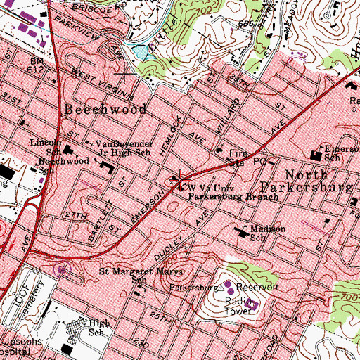 Topographic Map of West Virginia University Parkerburg Branch, WV