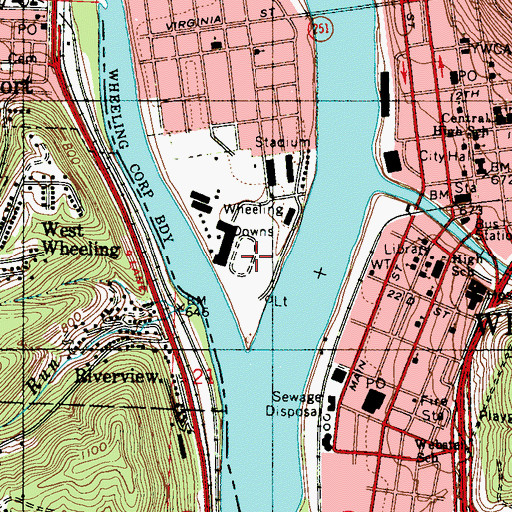 Topographic Map of Wheeling Downs, WV