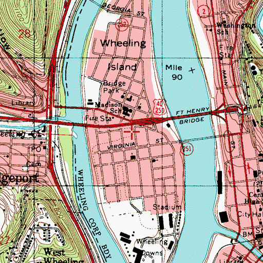 Topographic Map of Wheeling Island, WV