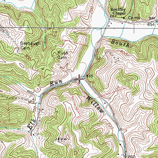 Topographic Map of Willow Run, WV