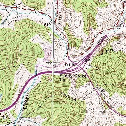 Topographic Map of Wills Creek, WV