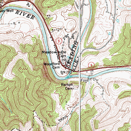Topographic Map of Woodford Cemetery, WV