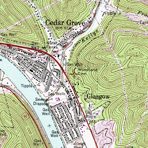 Topographic Map of Woodland Cemetery, WV