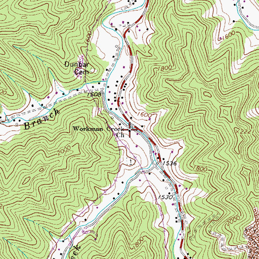 Topographic Map of Workman Creek Church, WV