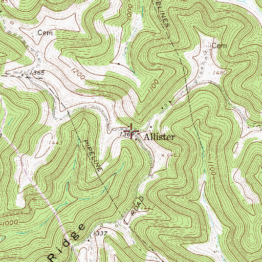Topographic Map of Allister, WV