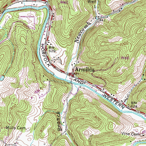 Topographic Map of Armilda, WV