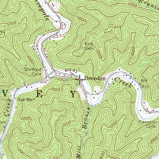 Topographic Map of Breeden, WV