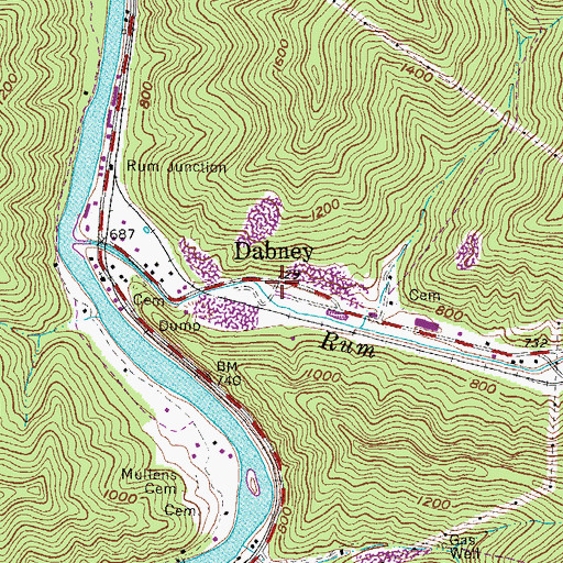 Topographic Map of Dabney, WV