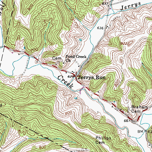 Topographic Map of Jerrys Run, WV